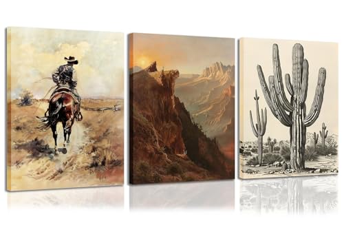Image of yulihaz Western Decor Desert Cowboy Wall Art Set of 3 Vintage Farmhouse Wall Decor Aesthetic Southwestern Canvas Poster Artwork Prints for Home Bedroom Bathroom Living Room Framed 12x16 inch