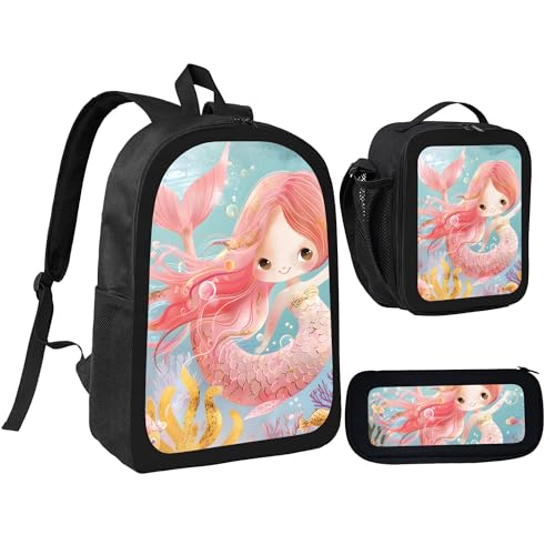Cute Mermaid Pink 3 Pcs 17 Inches Backpack Set With Insulated Lunch Bag And Pencil Pouch Large Back Pack For Men Women Lunchbox Pencil Case Waterproof Backpacks Lunch Box 3 Piece Daypacks