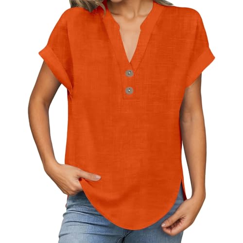 Camiseta Informal de Lino de Manga Corta, Cuello en V y Color Liso (sin Etiqueta de Talla), de algodón, Ajuste Relajado y Ligero, Ideal para Ocio, Tendencia Actual Estilo Casual