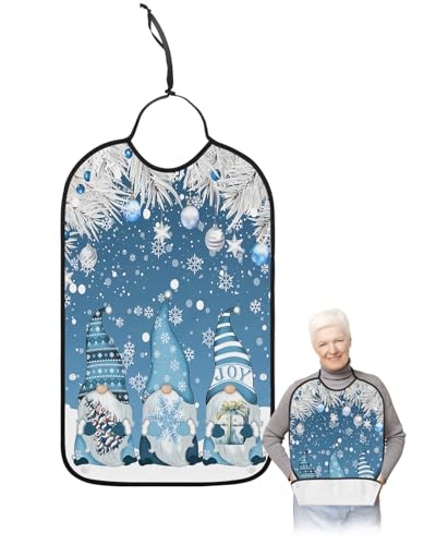LEOKOTI Blue Gnomes Christmas Adult Bibs for Eating, Waterproof Bibs with Food Catcher & Adjustable Snap Closure, Xmas Tree Balls Snowflake Winter Washable Clothing Protectors Adult Bibs for Elderly