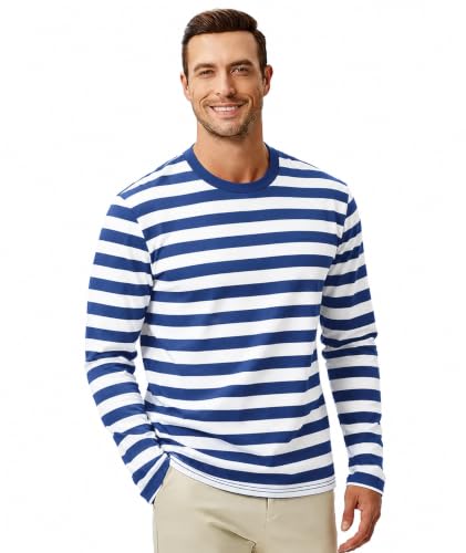 Image of KESIHAN Mens Striped Long Sleeve Shirt Crewneck Casual Basic Stripe Tee | Crewneck long sleeve striped tee with cotton spandex fabric,casual regular fit basic style for daily wear and layering.