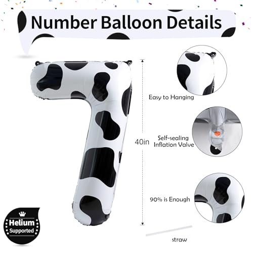 Image of Number 7 Balloon for Boys, Giant Cow Print Self Inflating Number 0-9 for Girls, 40 Inch Foil Helium Balloon for 7th Birtyday Decoration Farm Animal Theme Cowboy Cowgirl Theme Party Decor Supplies