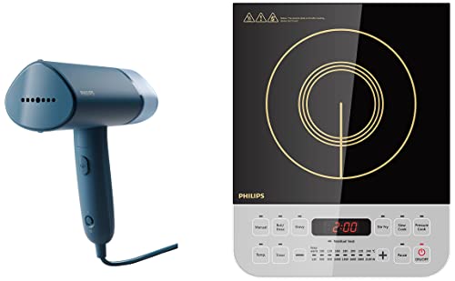 Image of Philips Handheld Garment Steamer STH3000 /20 - Compact & Foldable, Convenient Vertical Steaming, 1000 Watt Quick Heat Up (Reno Blue), Small & Philips Viva Collection Induction Cooktop