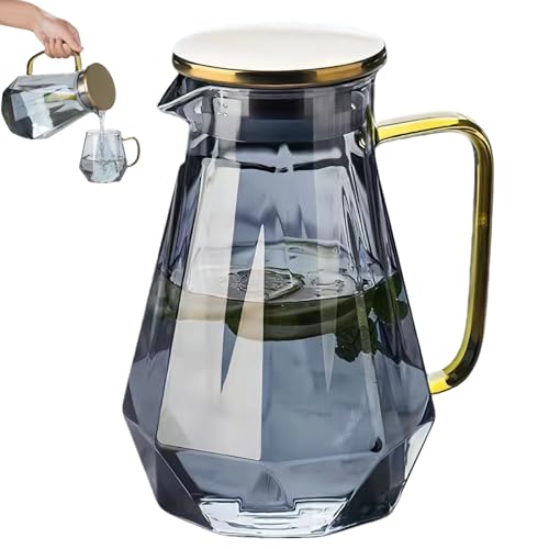 直火対応のガラスポット お茶用耐熱容器で大容量 1.5 リットル 耐熱性と耐寒性 麦茶ポット 水差し 家庭用 オフィス用 多用途 モダンなダイヤモンドデザイン 耐熱ガラス製のボトル 竹カバー付き ティーポット お冷用 デキャンタ 冷水筒 (グレー)