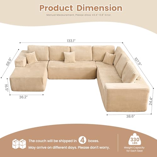 Image of HOOOWOOO Cloud Sectional Couches for Living Room,Modular Sectional Sofa No Assembly,133X108 Inch Plush Corduroy Large U Shaped Floor Couch Set with Deep Seat Left Chaise(Beige)