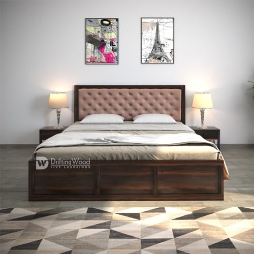 Image of DRIFTINGWOOD Dolvi Solid Sheesham Wood King Size Bed with Storage | Wooden Double Bed Cot Bed with Box Storage & Pink Velvet Upholstered Cushioned Headboard for Bedroom | Walnut Finish