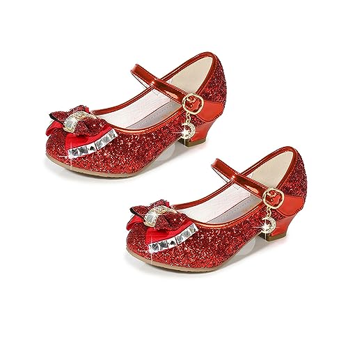 Yoawdats Girls Toddler Dress Shoes Sparkly Ruby Bowkno Flowert Wedding Party Bridesmaids Low Heel Princess Shoes for Kids (Red, 17.7 cm)