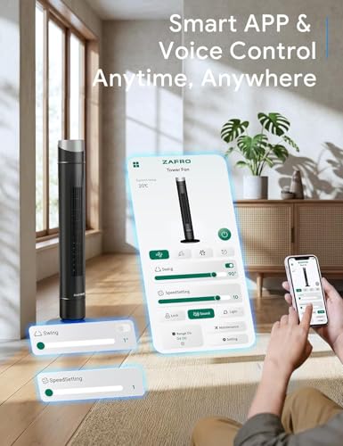 Image of ZAFRO Smart Tower Fan for Bedroom,120 Oscillating Fans that Blow Cold Air | 28ft /s High-Speed 12 Speeds 4 Modes Upgraded DC 22dB Ultra Quiet,Standing Fan with 12H Timer,42Inch,Dark Black