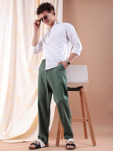 Image of The Indian Garage Co Men Relaxed Cropped Vertical Striped Mid-Rise Trousers