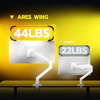 ARES WING Ultrawide Monitor Arms White with USB A/C, Heavy Duty Monitor Arm for 17 to 49 inch Screen, Holds 44 lbs, Adjustable Gas Spring Desk Mount with Clamp and Grommet Base