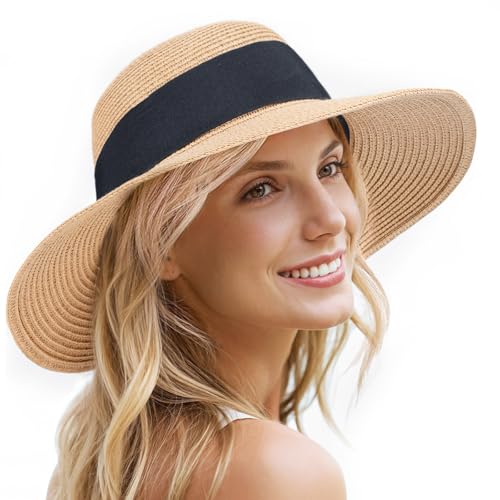 Image of Beach Hats for Women - Sun Hat Womens, Wide Brim Straw Womens Sun Hat with Wind Lanyard Roll Up Foldable UV Protection