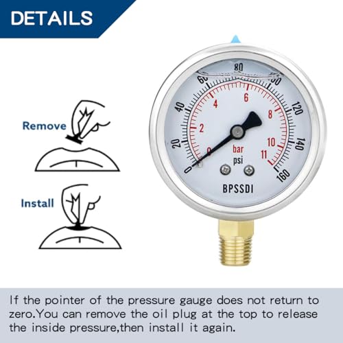 Image of 0-160 Psi Glycerin Liquid Filled Low Pressure Gauge, 2.5 inch Dial Size, 1 /4 inch NPT Lower Mount, 304 Stainless Steel Case, for Water Pump, Pneumatic Air, RV Hose, Gas Pressure Test