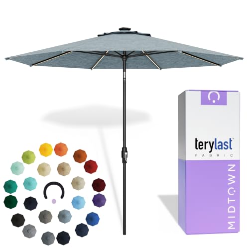 Image of Midtown Umbrellas LED Swilt - 8 Ft Solar LED Patio Umbrella, Greige Canopy