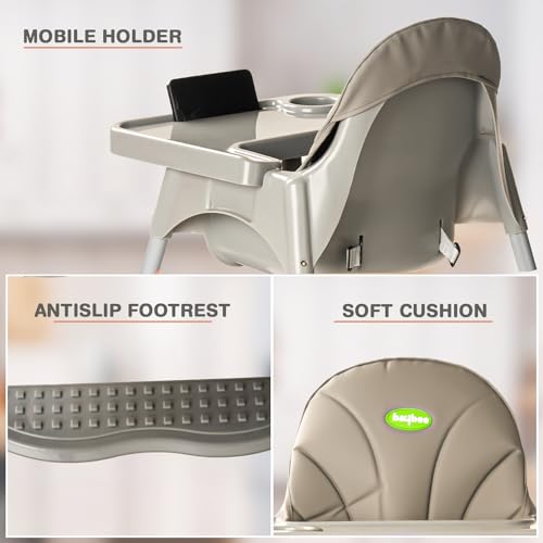 Image of Baybee 2 in 1 Baby High Chair for Kids, Baby Feeding Chair with 2 Height Adjustable, Footrest, Tray, Mobile Stand, 3 Point Safety Belt | Kids High Chair for 6 Months to 3 Years (Grey)