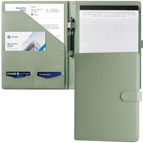 Image of Mymazn Padfolio Portfolio Folder, Faux Leather Interview Resume Folder with Document Organizer & Business Card Holder, Letter-Sized Notepad Legal Pad Holder for Men Women (Sage Green)