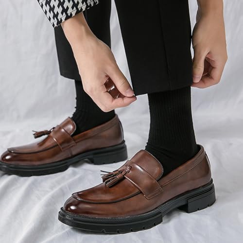 Men's Leather Tassel Platform Penny Comfortable Wide Round Toe Slip on Loafers Anti-Slip Work Office Shoes2