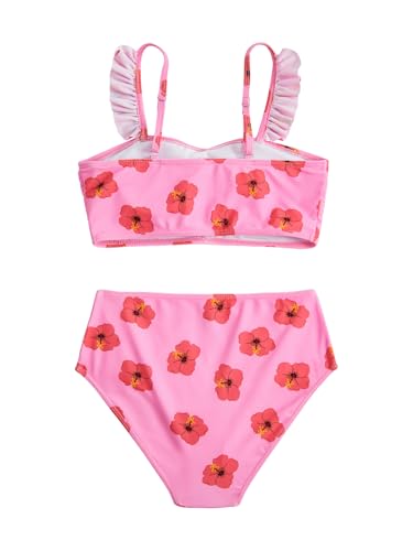 Image of RoseSeek Girl's 2 Piece Cherry Print Swimwear Ruffle Trim Ruched Bathing Suits Cute Swimsuits