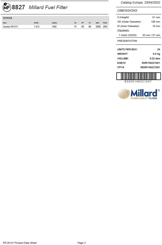 Car Fuel Filter Millard MF8827 81x108x19 mm Global Quality