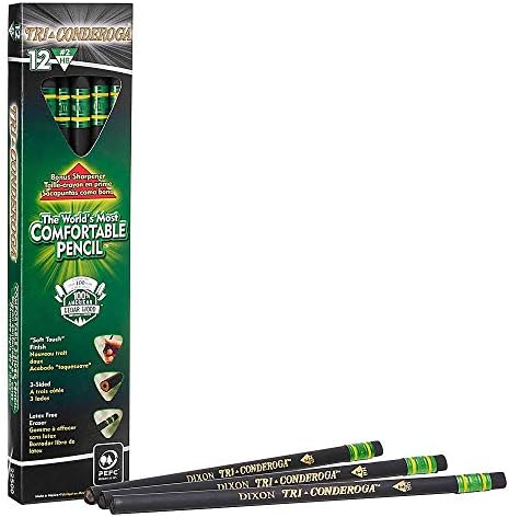 Ticonderoga Tri-Conderoga Triangular Pencils, Wood-Cased #2, Sharpener, Soft Touch Comfort Barrel, Black, 12-Pack (22500)