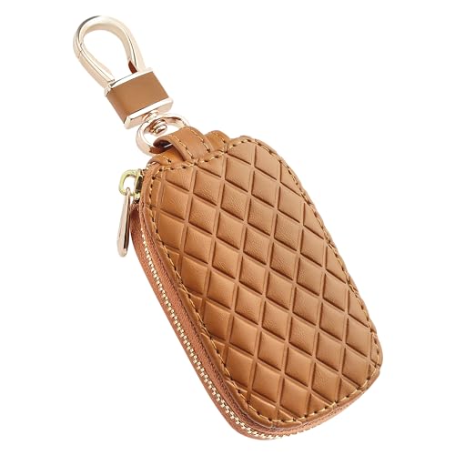 IHOTDER Elegante estojo de chave de carro com chaveiro e zíper - Porta-chaves de carro de couro genuíno para substituição de capa de chave remota (marrom)