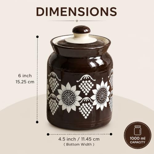 Image of D'Maiolica Ceramic Handmade Pickle Jars in 1000ml (set of 2) | Floral Bale 1 kg Achaar Martban | Ceramic Jadi for Kitchen Storage (Set of 2) | Jars for Achar, Spices, Salt (Black Sienna & Sunflowers)