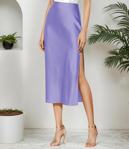 Image of Amy Babe Womens Satin Silk High Waist Slit Midi Skirt Long Skirts for Women | Elastic Waistband, Side Split, Midi Length, Below the Knee, Silky Fabric, Elegant, Fall Winter Outfits