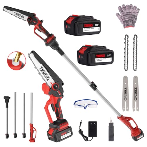 TEENO Tronçonneuse électrique, Tronçonneuse électrique 2 en 1, perche télescopique - détachable - Réglage à 180°, 6 pouces, 2 x 4000 mAh batteries, 2...