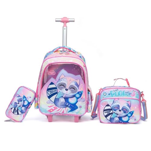 Conjunto Escolar Infantil Coban, Mochila com Rodas, Lancheira e Estojo, Tema Guaxinim Espacial, Rosa e Azul