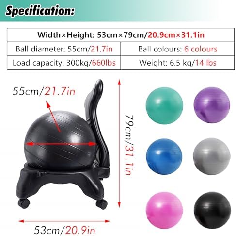 Inflatable Exercise Ball Chair Adult, Adjustable Height Balance Yoga Ergonomic Ball Chair for Office or Home, Fitness Ball Seat (Purple)