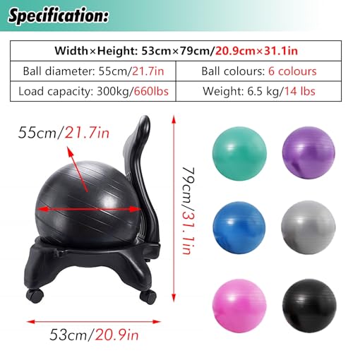 SRNSAEB PVC Office Ball Chair for Adult, Height 31in Gym Workout Ball with Roller Base for Home/Commercial, Birthing Ball Office Chair for Pain Relief/Exercise Core Muscles(Gray)