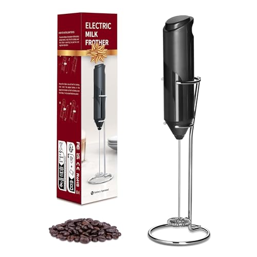 YSSOA Electric Milk Frother Handheld with Stainless Steel Stand Battery Operated Whisk Drink Mixer for Coffee, Latte, Matcha, Hot Chocolate, Black
