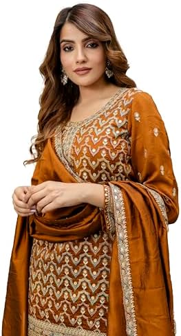 TRENDMALLS Women's Art Silk Sequins Embroidery Kurta Palazzo Set with Dupatta for Women (G305-Mustard-3XL-)