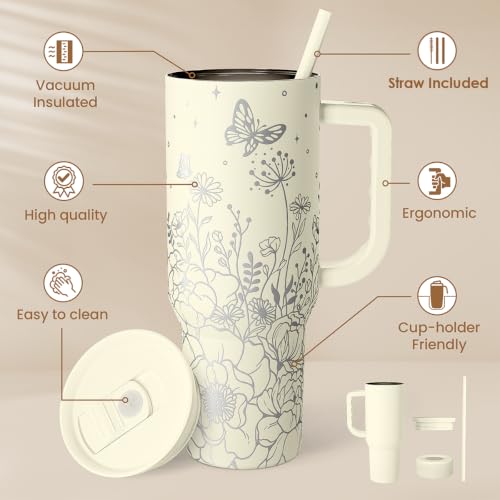 SANDJEST Floral Tumbler with Handle 40oz, Stainless Steel Insulated Tumblers Coffee Travel Mug Cup with Straw, Flower Coffee Cup Gifts for Women Girls, Gift for Her on Christmas Birthday Mothers Day by SANDJEST - Used condition - Image 2