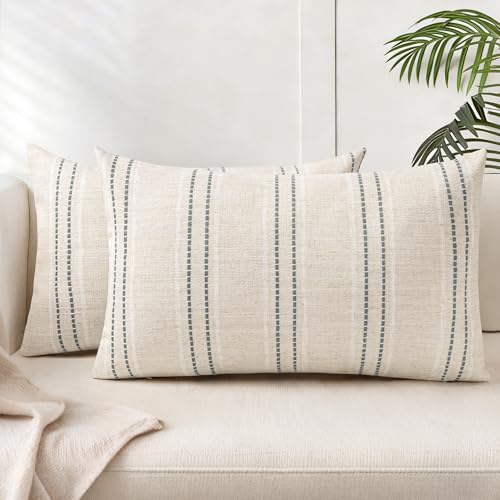 AELS 12x20 Decorative Farmhouse Linen Blend Throw Pillow Covers, Boho Textured Pillow Case, Set of 2, Beige with White & Gray Stripes Cushion Cover for Sofa Living Room (Cover ONLY)