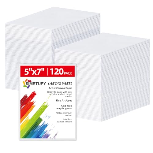 Simetufy 5x7 inch 120 Pack Small Painting Canvas Boards- Gesso Primed Acid-Free 100% Cotton Canvas Panels for Acrylics Oil Watercolor Tempera Paints