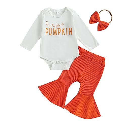 Image of One opening Fall Baby Girl Clothes Pumpkin Clothes Long Sleeve Romper Bodysuit Top Floral Pants Toddler Girl Halloween Outfit