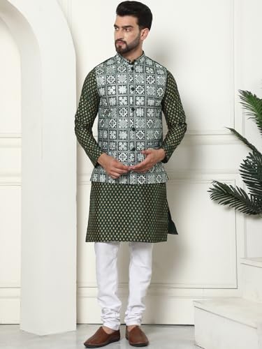Image of SOJANYA (Since 1958 Men's Silk Blend Printed Kurta and White Pyjama with Embroidered Nehru Jacket