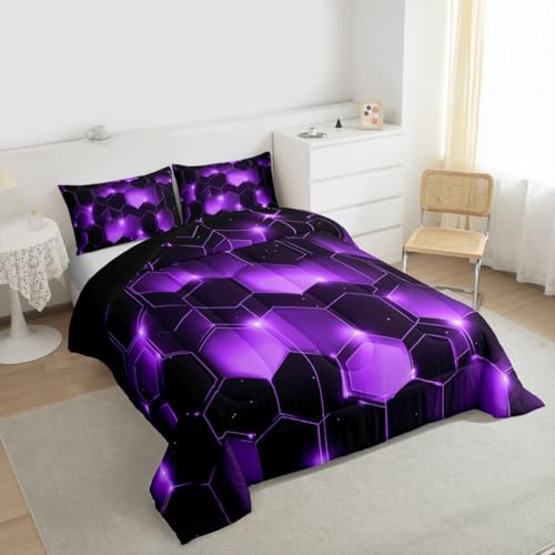 Image of Feelyou Geometrics Honeycomb Comforter Set King Size, Purple Black Beehive Hexagon Comforter for Kids Toddler Geometrical Bedding Set Hexagonal Geometrical Duvet Set Durable Quilt Set King Size