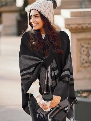 Image of Bestshe Women's Boho Open Front Poncho Plaid Shawl Wrap Cape | Tassel Cardigan Sweater, Cozy Layering, Fall Winter Clothes for Women