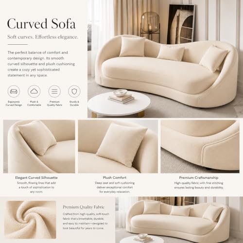 Image of Modern Velvet Curved 3 Seater chesterfiled Sofa (Off White)