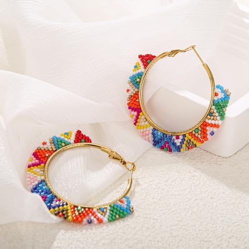 Boho Beaded Hoop Earrings, Handmade Colorful Beads Gold Hoop Earrings for Women Big Circle Bead Huggie Earrings4