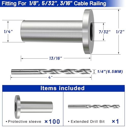Image of Steel DN Mate 100 Pack Stainless Steel Protector Sleeves for 1 /8 inch 5 /32 inch or 3 /16 inch Cable Railing, Cable Protector Sleeves for Cable Railing System,T316 Cable Railing Hardware with a Drill Bit, DK201