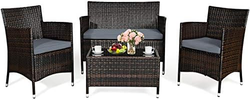 HAPPYGRILL Juego de sofá de patio de 4 piezas, muebles de mimbre de ratán, juego de conversación con sofá acolchado y mesa auxiliar para patio al