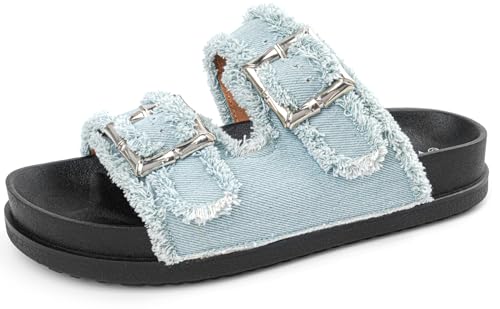 Image of Platform Sandals Women,Womens Sandals-Studded Silde Sandals-Double Buckle Adjustable-Beach Sandals for Women-Flat Sandals Summer Vacation