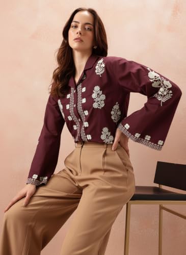 Image of Bee M Pee Designer Women's Embroidered Korean Crop Shirt | Full Bell Sleeves Western Tops for Woman Stylish | Oversized Formal /Casual /Office Wear Cotton Shirts Top for Women