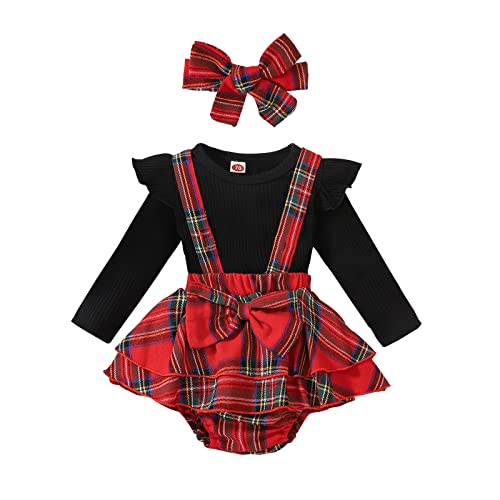 Hnyenmcko Newborn Baby Girl Christmas Clothes Infant Red Plaid Romper Dress Ruffle Long Sleeve Ribbed Bodysuit Headband Set (B-Black Ribbed Tops + Shorts, 0-3 Months)