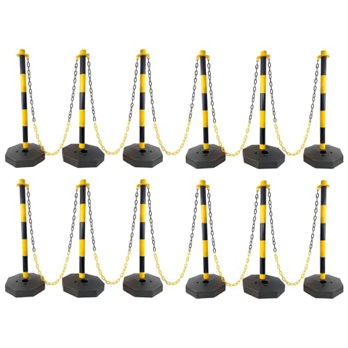 FRITHJILL 12 Pack Plastic Traffic Delineator Post with 5 FT Chains, Traffic Safety Delineator Cones with Fillable Base, Crowd Control Stanchion Set, Yellow