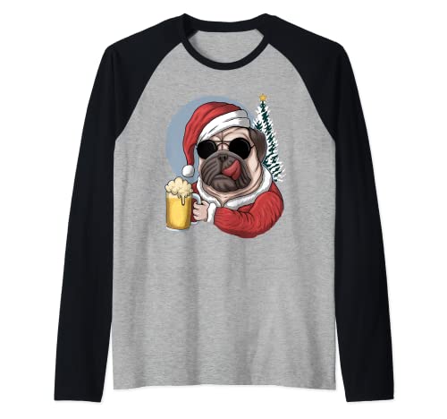 Christmas Pug Funny Pug With Beer Merry Christmas Pug Camiseta Manga Raglan