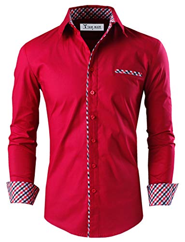 TAM WARE Mens Premium Casual Inner Contrast Dress Shirt TWNMS310S-1-WINE-XL