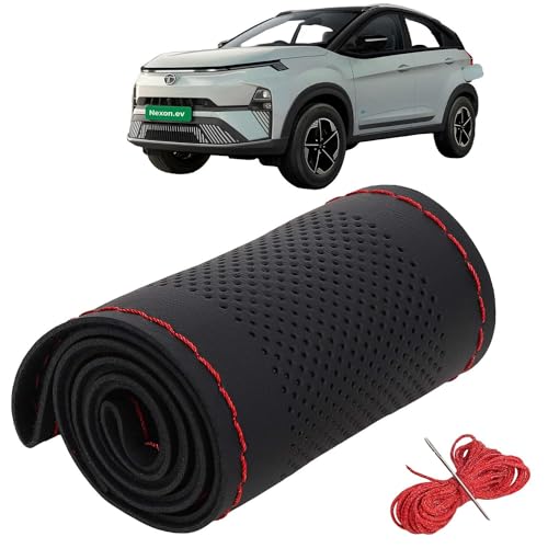 Image of KINGSWAY PU Leatherite Car Steering Cover Sewable Compatible with Tata Nexon EV (Year 2023 Onwards), Black Color with Red Thread, Pack of 1 with Sewing Needle and Thread